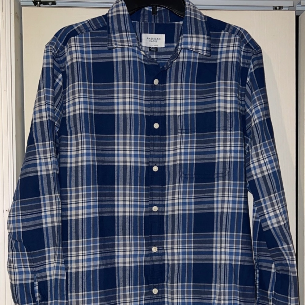American Eagle Mens Blue/White Plaid Everyday Button Up Long Sleeve Shirt